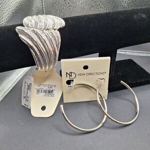 New Directions Silver Feather Bracelet and Hoop Earrings